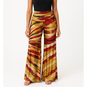 Gold Stretchy Colorful Geometric Print Women's Wide Leg Pants